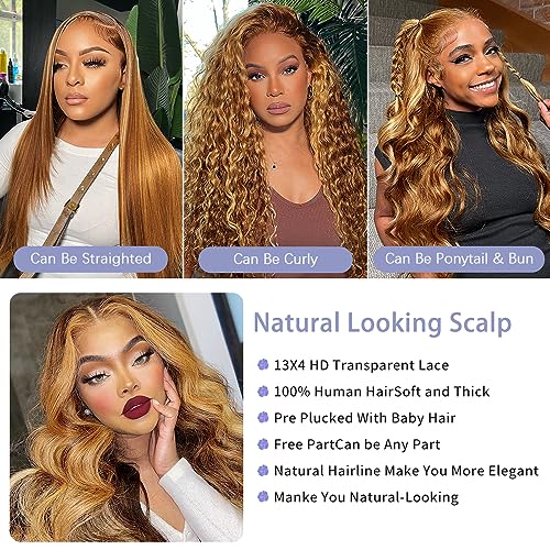 24 Inch Ombre Lace Front Wigs Human Hair 5/27 Colored Human Hair Wig for Women 13x4 HD Lace Highlight Body Wave Lace Frontal Wig Human Hair Pre Plucked with Baby Hair 150% Density - Image 4