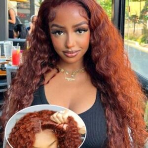 24 inch Reddish Brown Wear and Go Glueless Wigs,6x4.75 Pre Cut HD Lace Glueless wig,Colored Water Wave Wig Human Hair Pre Plucked, 11A Hair No Glue wigs Lace Front Wigs Natural Hairline 200% Density