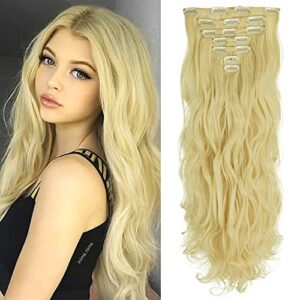 24 Inch Wavy Curly Full Head Clip in on Double Weft Hair Extensions 7Pcs 16 Clips in Synthetic Hair Extensions Light Purple(160G/Set)