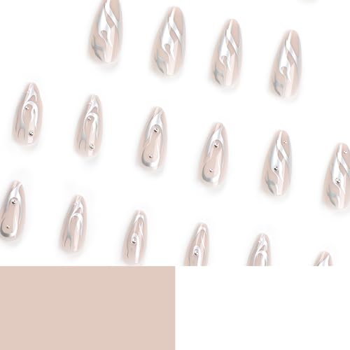 24 Pcs Almond Press on Nails Medium RIICFDD French Tip Fake Nails Nude False Nails with Silver flames Designs Full Cover Stick on Nails for Women Girls Acrylic Nails - Image 3