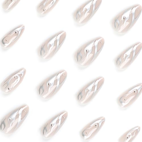 24 Pcs Almond Press on Nails Medium RIICFDD French Tip Fake Nails Nude False Nails with Silver flames Designs Full Cover Stick on Nails for Women Girls Acrylic Nails - Image 2