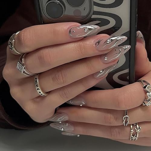 24 Pcs Almond Press on Nails Medium RIICFDD French Tip Fake Nails Nude False Nails with Silver flames Designs Full Cover Stick on Nails for Women Girls Acrylic Nails