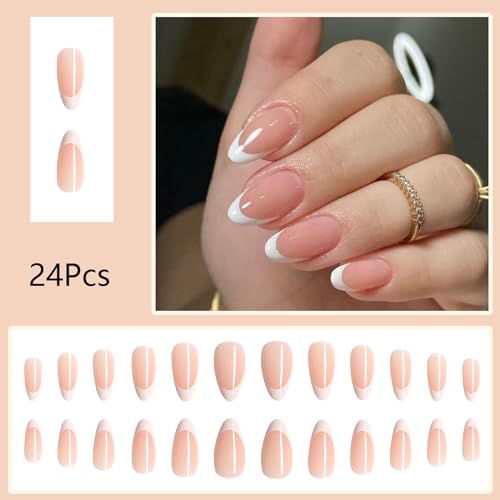 24 Pcs Almond Press on Nails Short French Fake Nails Nude Full Cover False Nails with Designs Round Real Nude Glue on Nails Acrylic Nails Press on Natural Gel Stick on Nails for Women Girls - Image 2