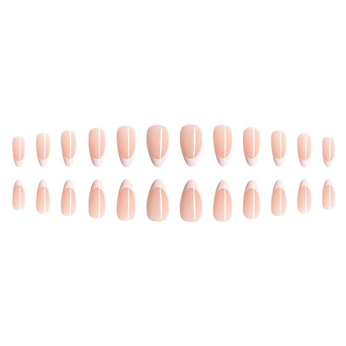 24 Pcs Almond Press on Nails Short French Fake Nails Nude Full Cover False Nails with Designs Round Real Nude Glue on Nails Acrylic Nails Press on Natural Gel Stick on Nails for Women Girls - Image 3