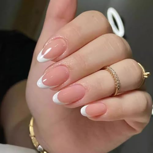 24 Pcs Almond Press on Nails Short French Fake Nails Nude Full Cover False Nails with Designs Round Real Nude Glue on Nails Acrylic Nails Press on Natural Gel Stick on Nails for Women Girls