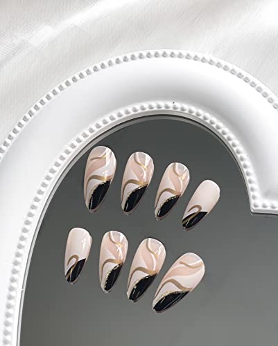 24 Pcs Blue Gold Swirl Almond Press-On Nails with Glue Included - Image 2