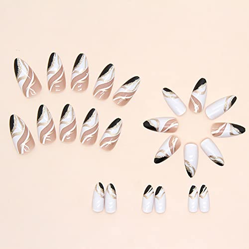 24 Pcs Blue Gold Swirl Almond Press-On Nails with Glue Included - Image 4
