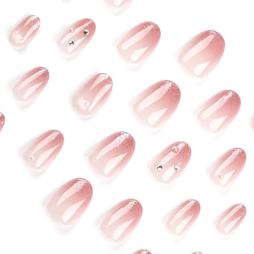 24 Pcs Brown Ombre Press on Nails Short Almond Oval - SHANRUN Rhinestones Glitter French Fake Nails Gel-X Nail Tips Full Cover Acrylic Nails Press ons with Nail File Stick Jelly Glue on Nails Kit - Image 2