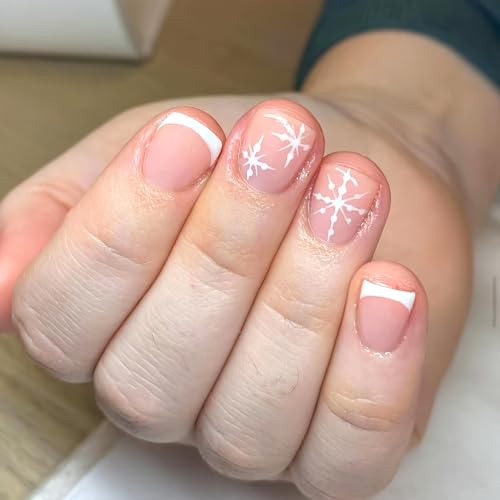 24 Pcs Christmas Press on Nails French Tip Short RIICFDD Square Fake Nails Nude Full Cover False Nails with Snowflake Designs Extra Short Nails Glossy Xmas Acrylic Nails Stick on Nails for Women