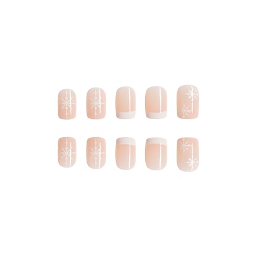 24 Pcs Christmas Press on Nails French Tip Short RIICFDD Square Fake Nails Nude Full Cover False Nails with Snowflake Designs Extra Short Nails Glossy Xmas Acrylic Nails Stick on Nails for Women - Image 4
