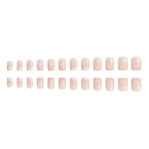 24 Pcs Christmas Press on Nails French Tip Short RIICFDD Square Fake Nails Nude Full Cover False Nails with Snowflake Designs Extra Short Nails Glossy Xmas Acrylic Nails Stick on Nails for Women - Image 3