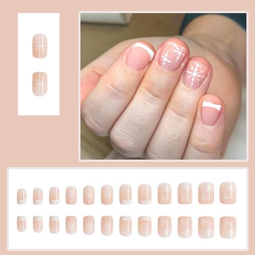 24 Pcs Christmas Press on Nails French Tip Short RIICFDD Square Fake Nails Nude Full Cover False Nails with Snowflake Designs Extra Short Nails Glossy Xmas Acrylic Nails Stick on Nails for Women - Image 2
