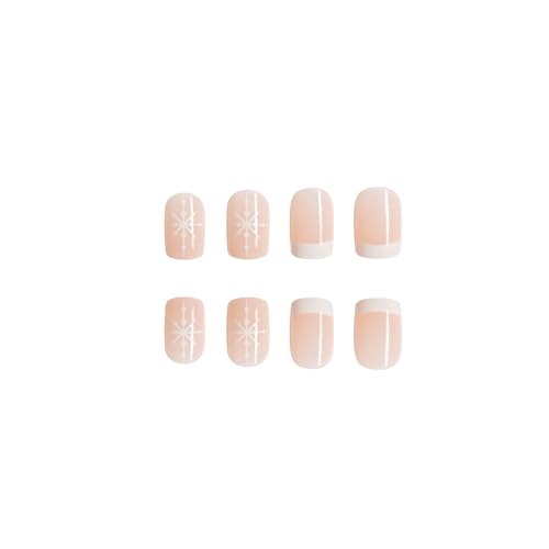 24 Pcs Christmas Press on Nails French Tip Short RIICFDD Square Fake Nails Nude Full Cover False Nails with Snowflake Designs Extra Short Nails Glossy Xmas Acrylic Nails Stick on Nails for Women - Image 5