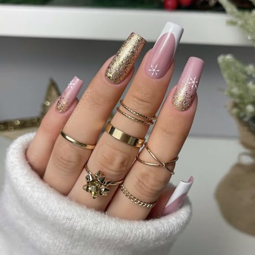 24 Pcs Christmas Press on Nails Medium Coffin Fake Nails Pink French Nails Snowflake False Nails Gold Glitter Designs Full Cover Xmas Stick on Nails for Women and Girls Acrylic Christmas Nails