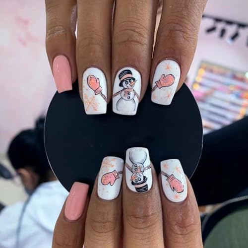 24 Pcs Christmas Press on Nails Medium Glossy Fake Nails Pink White Square Full Cover False Nails Acrylic Glue on Nails with Cute Snowman Designs Christmas Nail Art for Women Girls Winter Nails