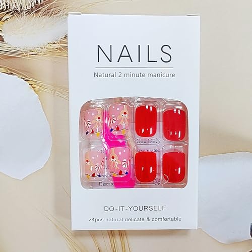24 Pcs Christmas Press on Nails Short Square - SHANRUN Cute Fake Nails Press ons Pink Red Nail Tips Full Cover False Nails with Crutch Elk String Light Design Acrylic Nail Kit Art for Xmas Decorations - Image 5