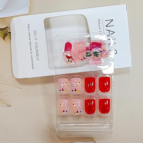 24 Pcs Christmas Press on Nails Short Square - SHANRUN Cute Fake Nails Press ons Pink Red Nail Tips Full Cover False Nails with Crutch Elk String Light Design Acrylic Nail Kit Art for Xmas Decorations - Image 4
