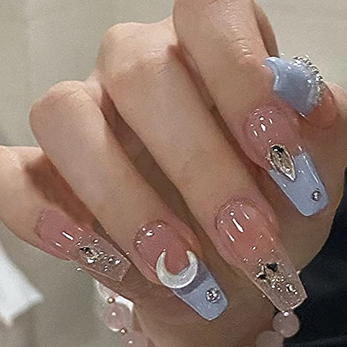 24 Pcs Long Coffin Sea Salt Light Blue Tiny Spot Diamond Moon Glossy Acrylic Press-On Nails for Women Girls