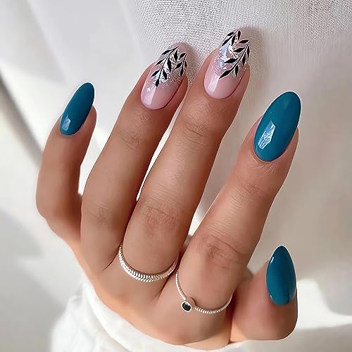 24 Pcs Fall Press on Nails Medium, LPOODDNU Almond Press on Nails Black Leaf Fake Nails, Full Cover Blue Glue on Nails, Reusable Stick on Nails - 24Pcs Medium Almond False Nails Set