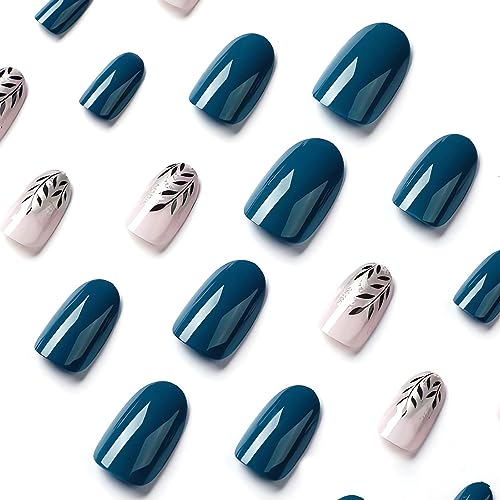 24 Pcs Fall Press on Nails Medium, LPOODDNU Almond Press on Nails Black Leaf Fake Nails, Full Cover Blue Glue on Nails, Reusable Stick on Nails - 24Pcs Medium Almond False Nails Set - Image 2