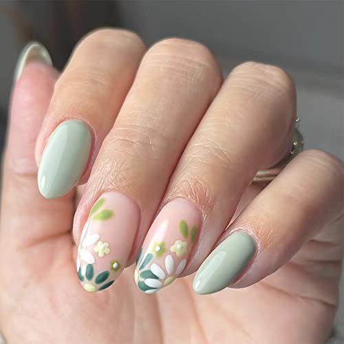 24 Pcs Flower Press on Nails Almond Shaped Medium Fake Nails Round Green Glue on Nails Full Cover Glossy False Nails with Designs Small Green White Floral Acrylic Nails for Women Girls