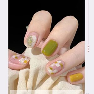 24 Piece Short Yellow Green Summer Flower Press On Nails Acrylic Manicure Kit for Women Girls