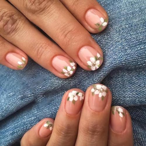 24 Piece Short Square White Floral French Tip Glossy Acrylic Press On Nails for DIY Application