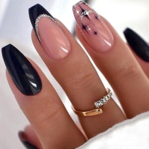 24 Piece Medium Square Black Gold Glitter French Tip Press On Nails Full Cover Set with Glue