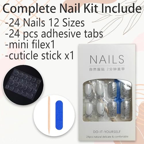 24 PCS French Tip Press on Nails Medium Square Fake Nails Silver Glitter Full Cover Glue on Nails Bling Sequins False Nails Reusable Artificial Nails for Women DIY Manicure Decoration Stick on Nails - Image 6