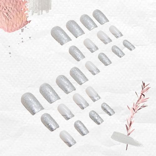 24 PCS French Tip Press on Nails Medium Square Fake Nails Silver Glitter Full Cover Glue on Nails Bling Sequins False Nails Reusable Artificial Nails for Women DIY Manicure Decoration Stick on Nails - Image 4