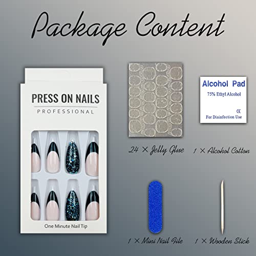 24 Piece Medium Almond Blue Glossy French Tip Press On Nails Glitter Design - Image 6