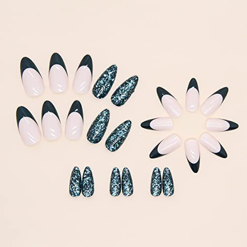 24 Piece Medium Almond Blue Glossy French Tip Press On Nails Glitter Design - Image 4