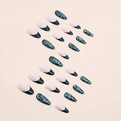 24 Piece Medium Almond Blue Glossy French Tip Press On Nails Glitter Design - Image 3