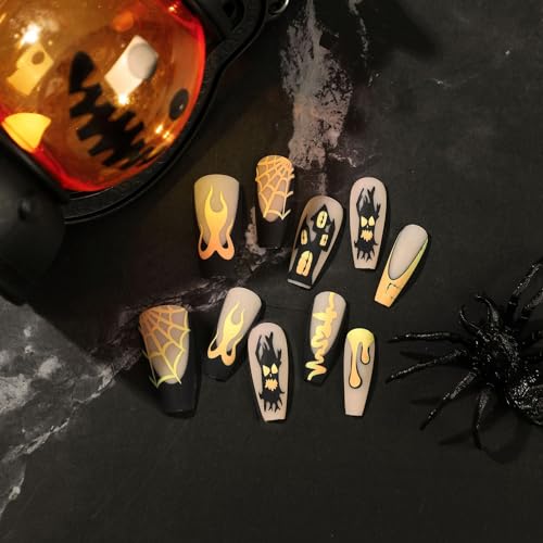 24 Pcs Halloween Medium Press on Nails Coffin Fake Nails Yellow Flame and Terror Face Design French Tip Nails Matte Acrylic Full Cover False Nails for Women and Girls - Image 2