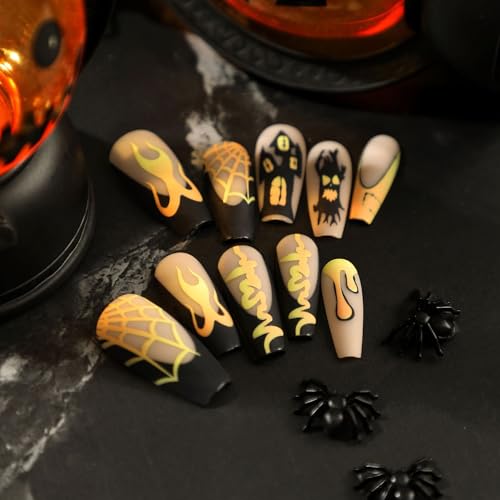 24 Pcs Halloween Medium Press on Nails Coffin Fake Nails Yellow Flame and Terror Face Design French Tip Nails Matte Acrylic Full Cover False Nails for Women and Girls - Image 3