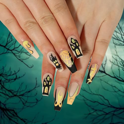24 Pcs Halloween Medium Press on Nails Coffin Fake Nails Yellow Flame and Terror Face Design French Tip Nails Matte Acrylic Full Cover False Nails for Women and Girls