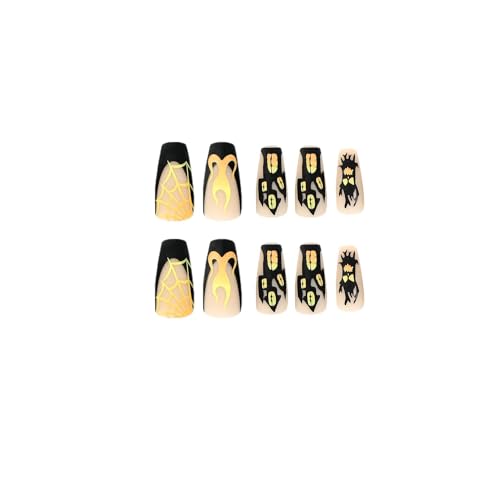 24 Pcs Halloween Medium Press on Nails Coffin Fake Nails Yellow Flame and Terror Face Design French Tip Nails Matte Acrylic Full Cover False Nails for Women and Girls - Image 5