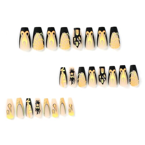 24 Pcs Halloween Medium Press on Nails Coffin Fake Nails Yellow Flame and Terror Face Design French Tip Nails Matte Acrylic Full Cover False Nails for Women and Girls - Image 4