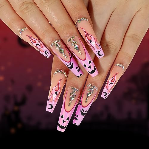 24 Pcs Halloween Nails Long Press on Nails French Tip Coffin Fake Nails with Pumpkin Face and Flame Pattern Pink False Nails Rhinestone Designs Halloween Acrylic Nails for Women and Girls