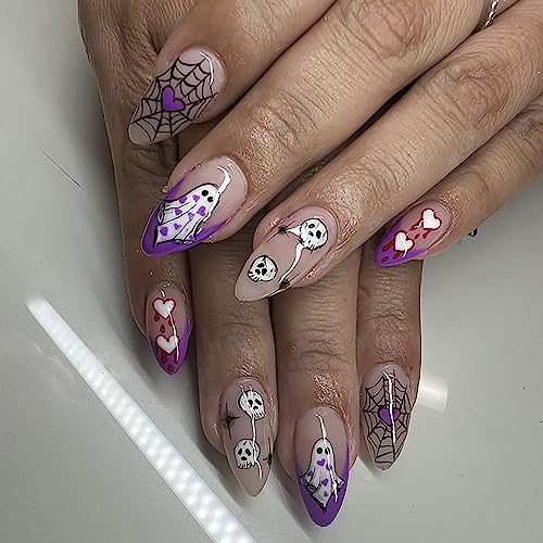 24 Pcs Halloween Press on Nails Almond Fake Nails Medium Nude Designs False Nails Cute Ghost and Skull Pattern Glossy Acrylic Nails Glue on Nails for Women and Girls