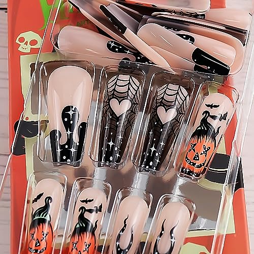 24 Pcs Halloween Press On Nails Coffin Long Black Flame French Fake Nails Horror Pumpkin Designs False Nails Full Cover Glossy Glue On Nails Ballerina Acrylic Nails For Women Girls Nail Art Decoration - Image 4