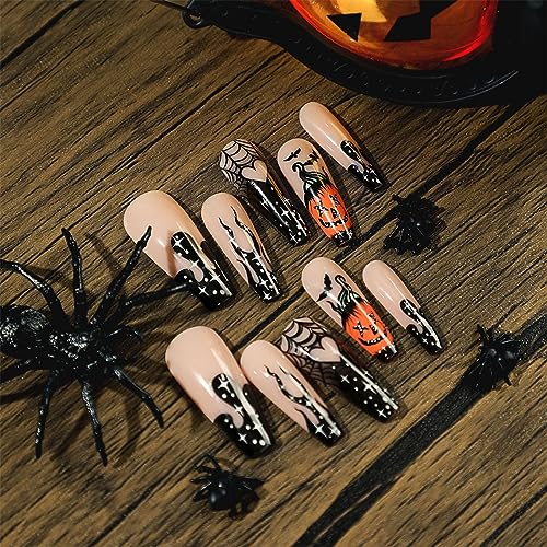 24 Pcs Halloween Press On Nails Coffin Long Black Flame French Fake Nails Horror Pumpkin Designs False Nails Full Cover Glossy Glue On Nails Ballerina Acrylic Nails For Women Girls Nail Art Decoration - Image 2