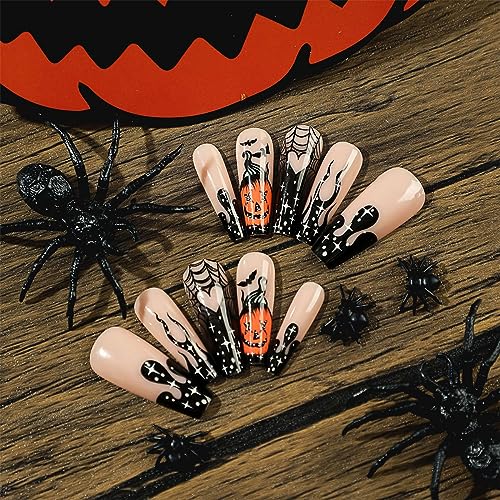 24 Pcs Halloween Press On Nails Coffin Long Black Flame French Fake Nails Horror Pumpkin Designs False Nails Full Cover Glossy Glue On Nails Ballerina Acrylic Nails For Women Girls Nail Art Decoration - Image 3