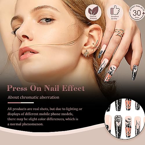 24 Pcs Halloween Press On Nails Coffin Long Black Flame French Fake Nails Horror Pumpkin Designs False Nails Full Cover Glossy Glue On Nails Ballerina Acrylic Nails For Women Girls Nail Art Decoration - Image 7