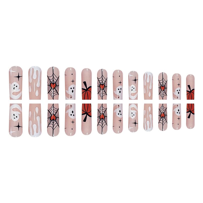 24 PCS Halloween Press on Nails Medium Coffin Square Fake Nails Star False Nails with Spider Web Pumpkin Design Glue on Nails Full Cover Artificial Nails Tips for Women Girls Nail Art Decoration - Image 3