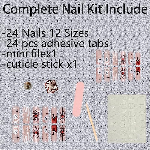 24 PCS Halloween Press on Nails Medium Coffin Square Fake Nails Star False Nails with Spider Web Pumpkin Design Glue on Nails Full Cover Artificial Nails Tips for Women Girls Nail Art Decoration - Image 6