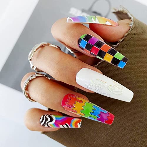 24 Pcs Long Press on Nails Coffin Shape Fake Nails, Matte False Nails with Rainbow Design Full Cover Acrylic Nails Flame Graffiti Stick on Nails Embossed Artificial Nails for Women Girls Nail Art