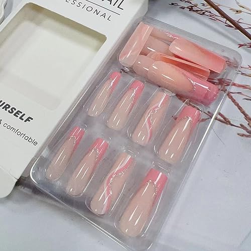 24 Pcs Long Press on Nails Square Fake Nails Glossy Pink French False Nails Tips Full Cover Glitter Line Designs Acrylic Nails French Tip Artificial Nails Stick on Nails for Women Nail Decorations - Image 3