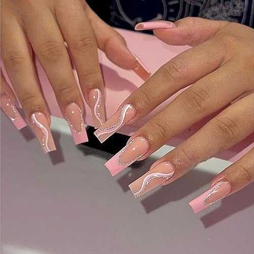 24 Pcs Long Press on Nails Square Fake Nails Glossy Pink French False Nails Tips Full Cover Glitter Line Designs Acrylic Nails French Tip Artificial Nails Stick on Nails for Women Nail Decorations