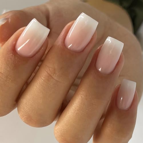 24 Pcs Medium Press on Nails Square RIICFDD Pink Gradient Fake Nails Solid Color Designs Glossy False Nails Acrylic Full Cover Stick on Nails for Women and Girls Reusable Artificial Nails